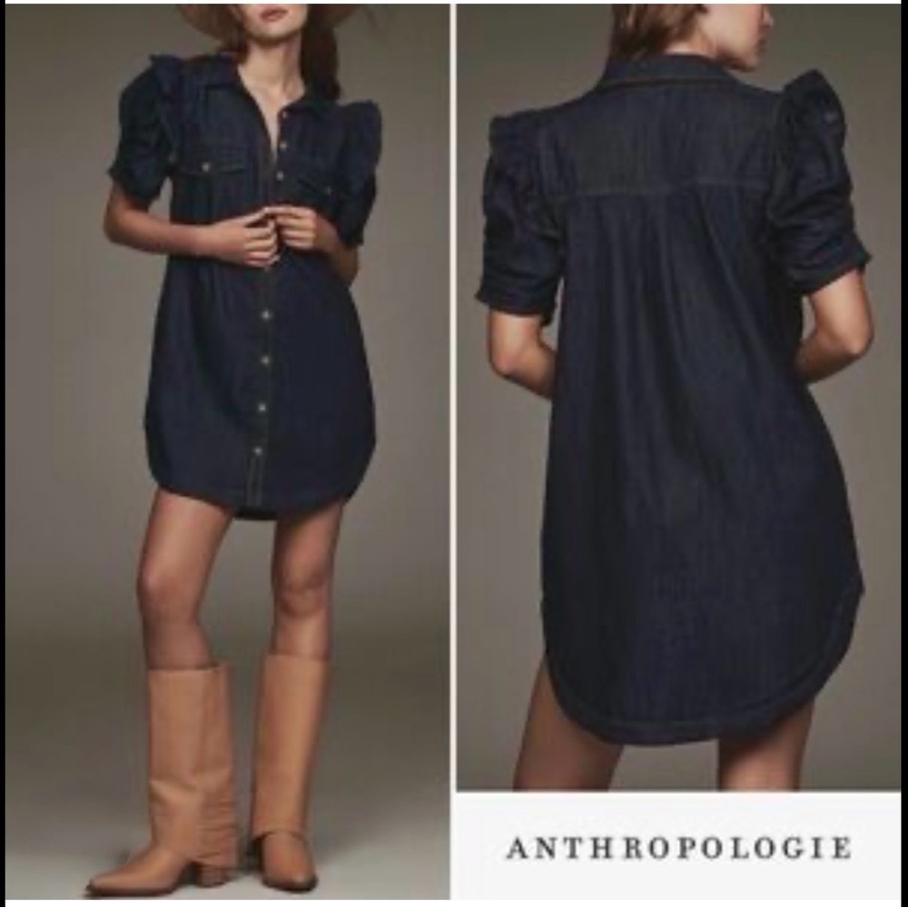 NWT Anthropologie Ozzi Ruffle Sleeve Navy Denim Mini Shirt Dress
